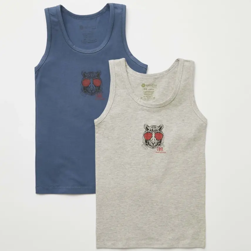 Natuline Organik Erkek Bebek Atleti Likralı Cool Tiger 2li İndigo - Gri Melanj - 1