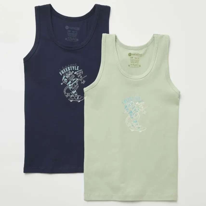 Natuline Organik Erkek Bebek Atleti Likralı Freestyle Robot 2li Çağla Yeşili - Lacivert - 1