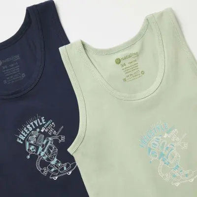 Natuline Organik Erkek Bebek Atleti Likralı Freestyle Robot 2li Çağla Yeşili - Lacivert (1)