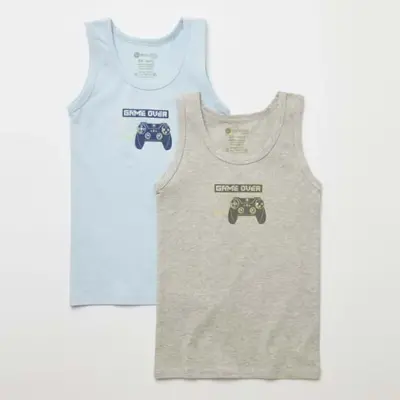 Natuline Organik Erkek Bebek Atleti Likralı Game Over 2li Mavi - Gri Melanj