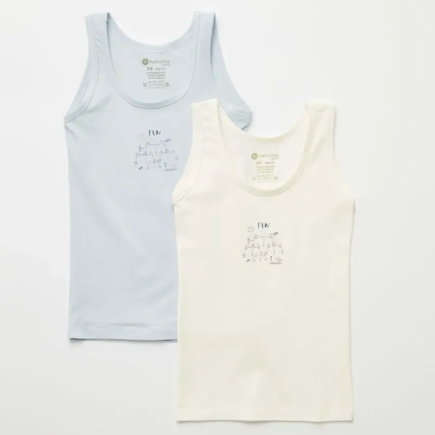 Natuline Organik Kız Bebek Atleti Likralı Fun Cat 2li Açık Mavi - Ekru - 14