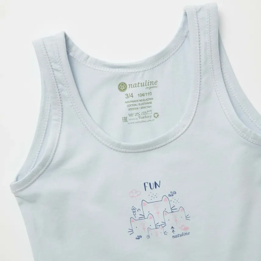 Natuline Organik Kız Bebek Atleti Likralı Fun Cat 2li Açık Mavi - Ekru - 6