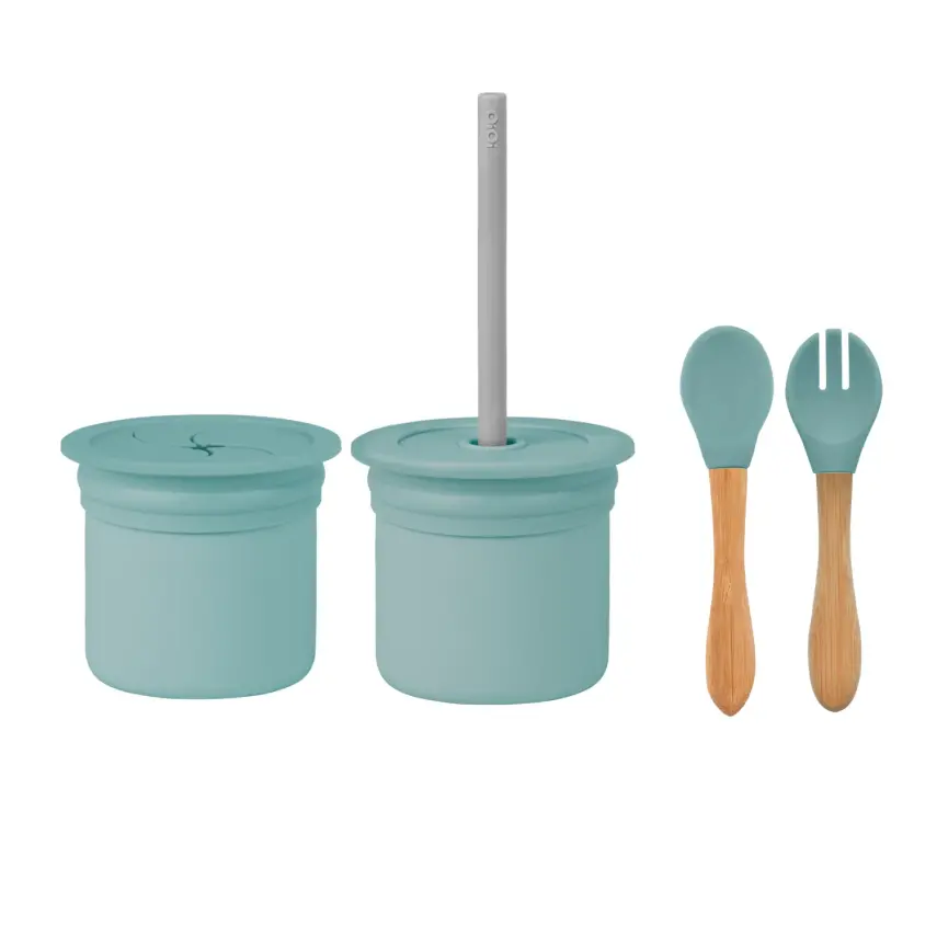 OiOi Pipetli Bardak+ Çatal Kaşık Seti Aqua Green - 1