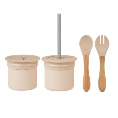 OiOi Pipetli Bardak+ Çatal Kaşık Seti Bubble Beige