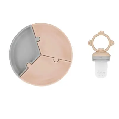 OiOi Puzzle Vakumlu Mama Tabağı, OiOi Püre Meyve Ve Sebze Alıştırıcı Bubble Beige - Powder Grey