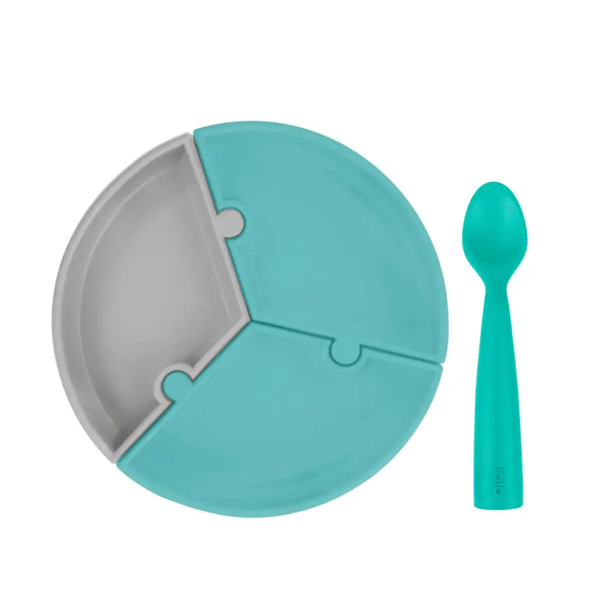 OiOi Puzzle Vakumlu Mama Tabağı + Nam Nam Mama Kaşığı Aqua Green - Powder Grey - 1
