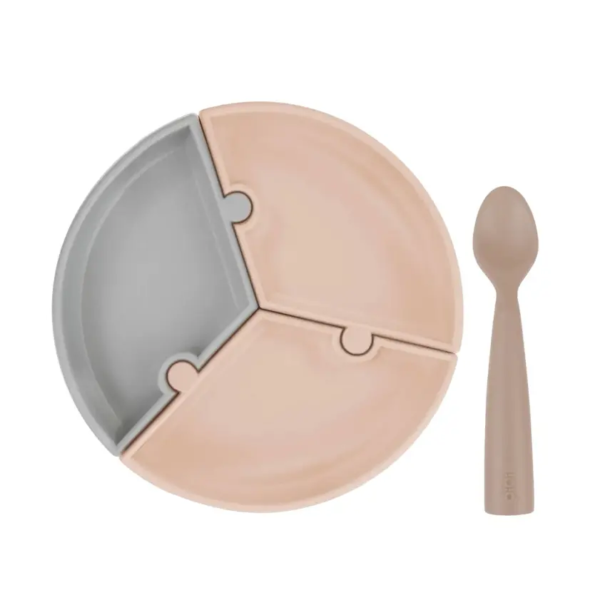 OiOi Puzzle Vakumlu Mama Tabağı + Nam Nam Mama Kaşığı Bubble Green - Powder Grey - 1