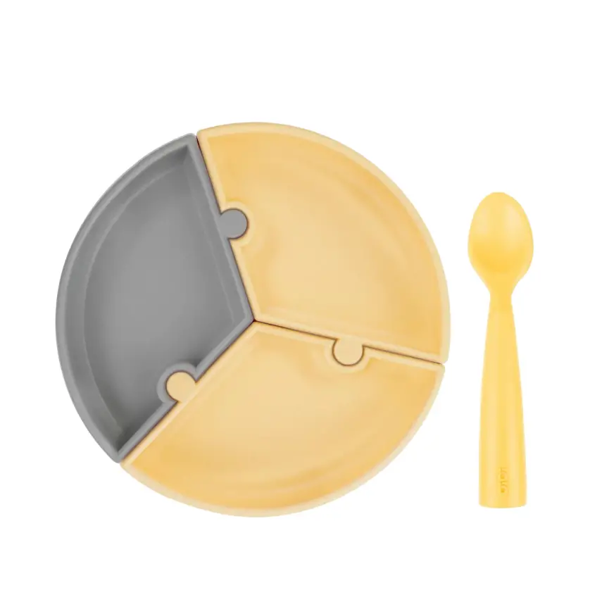 OiOi Puzzle Vakumlu Mama Tabağı + Nam Nam Mama Kaşığı Mellow Yellow - Powder Grey - 1