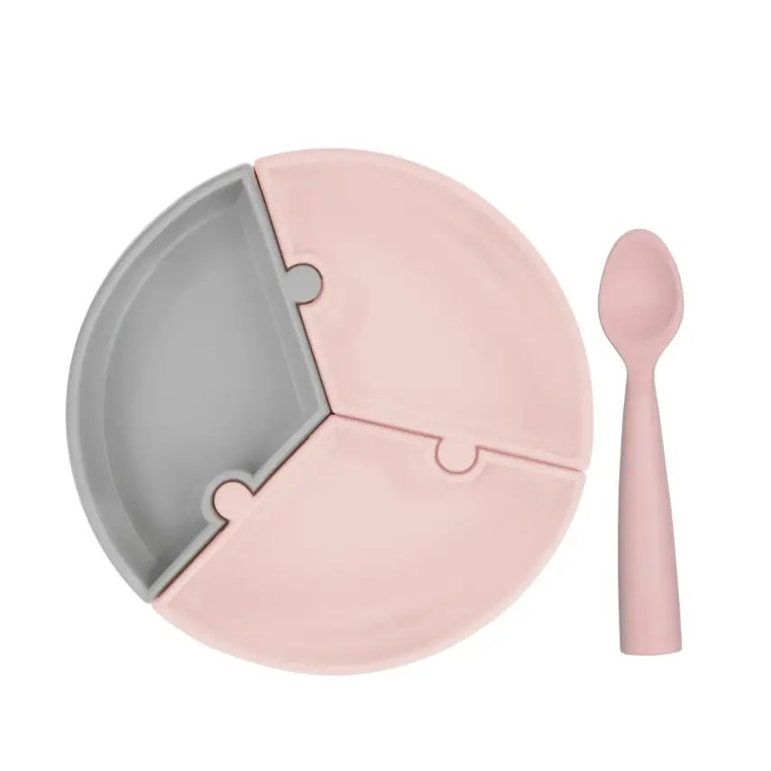 OiOi Puzzle Vakumlu Mama Tabağı + Nam Nam Mama Kaşığı Pinky Pink - Powder Grey - 1