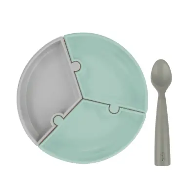 Oioi Puzzle Vakumlu Mama Tabağı+Nam Nam Mama Kaşığı River Green-Powder Grey