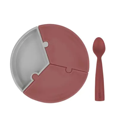 Oioi Puzzle Vakumlu Mama Tabağı+Nam Nam Mama Kaşığı Velvet Rose-Powder Grey