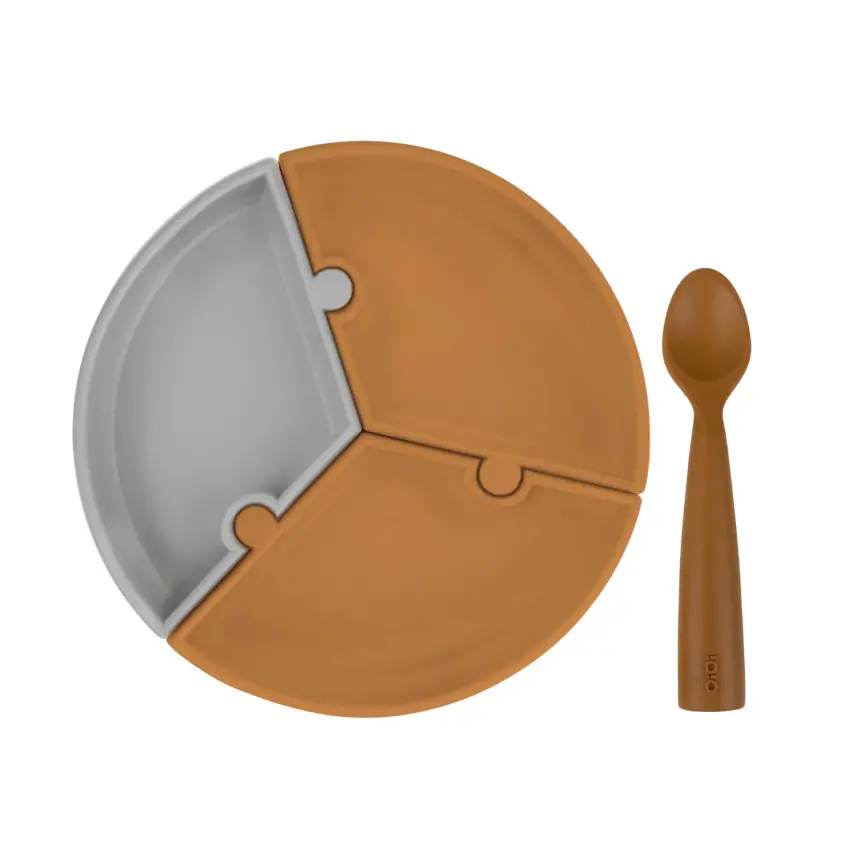 OiOi Puzzle Vakumlu Mama Tabağı + Nam Nam Mama Kaşığı Woody Brown - Powder Grey - 1