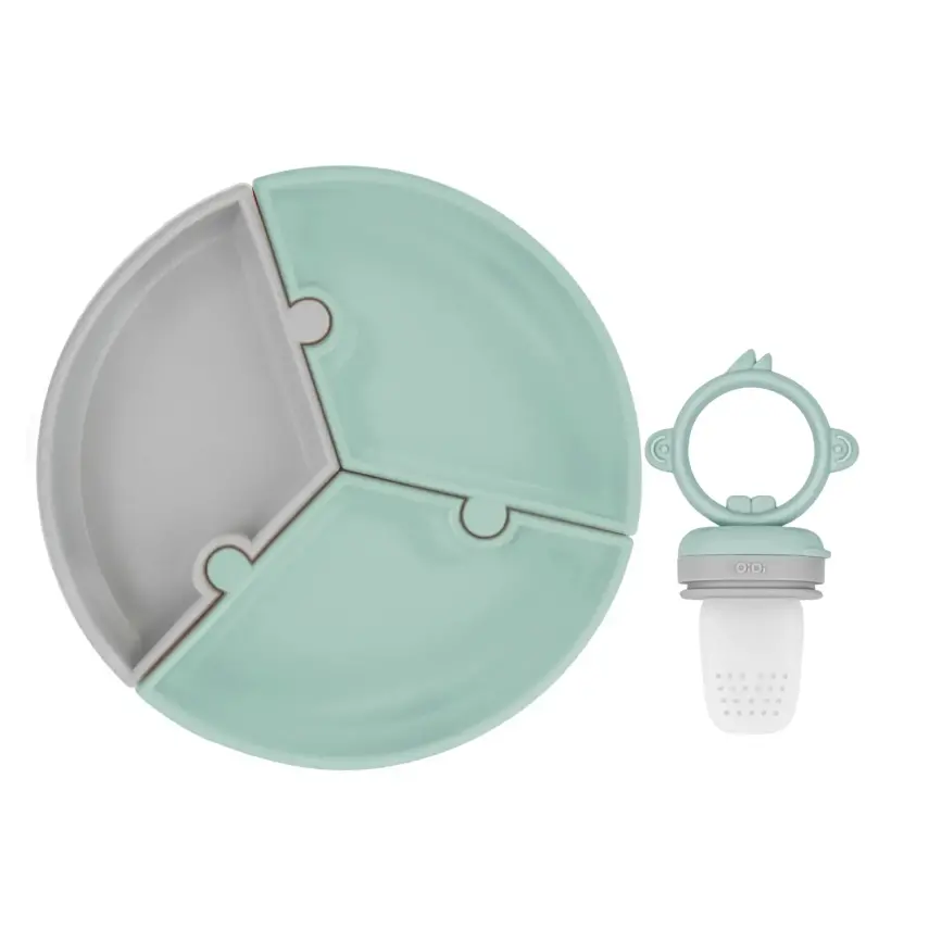 OiOi Puzzle Vakumlu Mama Tabağı + Püre Meyve Ve Sebze Alıştırıcı River Green - Powder Grey - 1