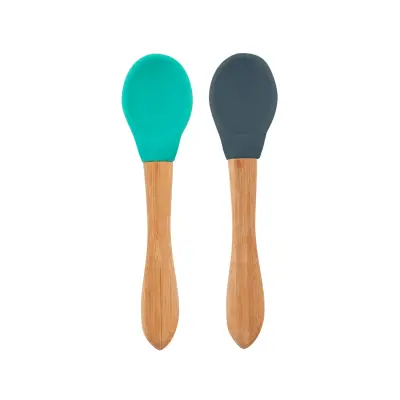 OiOi Silikon Mama Kaşığı 2li Bambu Saplı Aqua Green - Deep Blue