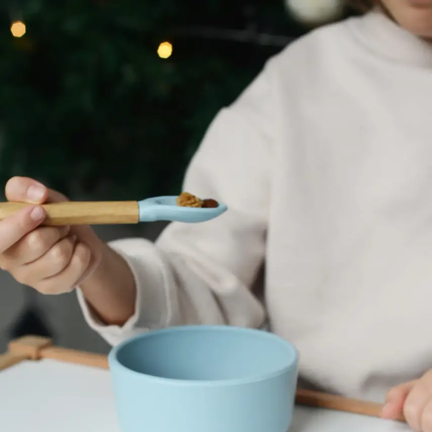 OiOi Silikon Mama Kaşığı 2li Bambu Saplı Aqua Green - Mineral Blue - 2