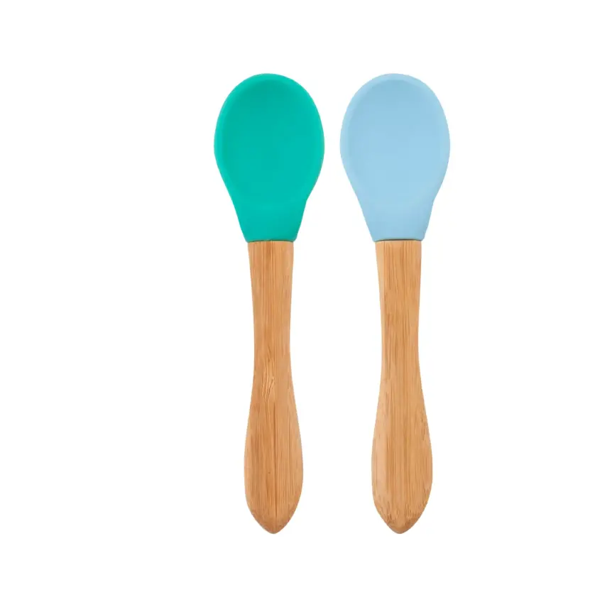 OiOi Silikon Mama Kaşığı 2li Bambu Saplı Aqua Green - Mineral Blue - 1