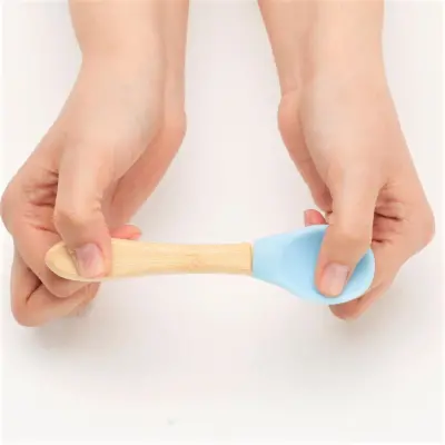 OiOi Silikon Mama Kaşığı 2li Bambu Saplı Aqua Green - Mineral Blue - 3