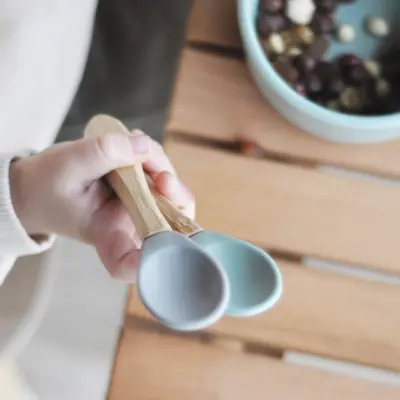 OiOi Silikon Mama Kaşığı 2li Bambu Saplı Aqua Green - Velvet Rose - 3