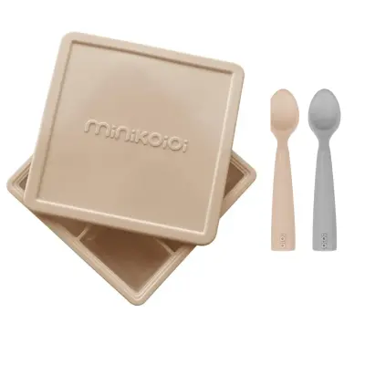 OiOi Silikon Püre Kabı + Nam Nam Kaşık Bubble Beige