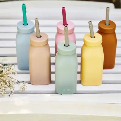 OiOi Şişe + Pipet Bubble Beige - Powder Grey - 6