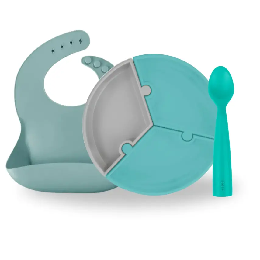 OiOi Yemek Seti Tabak Kaşık Önlük Aqua Green - 1