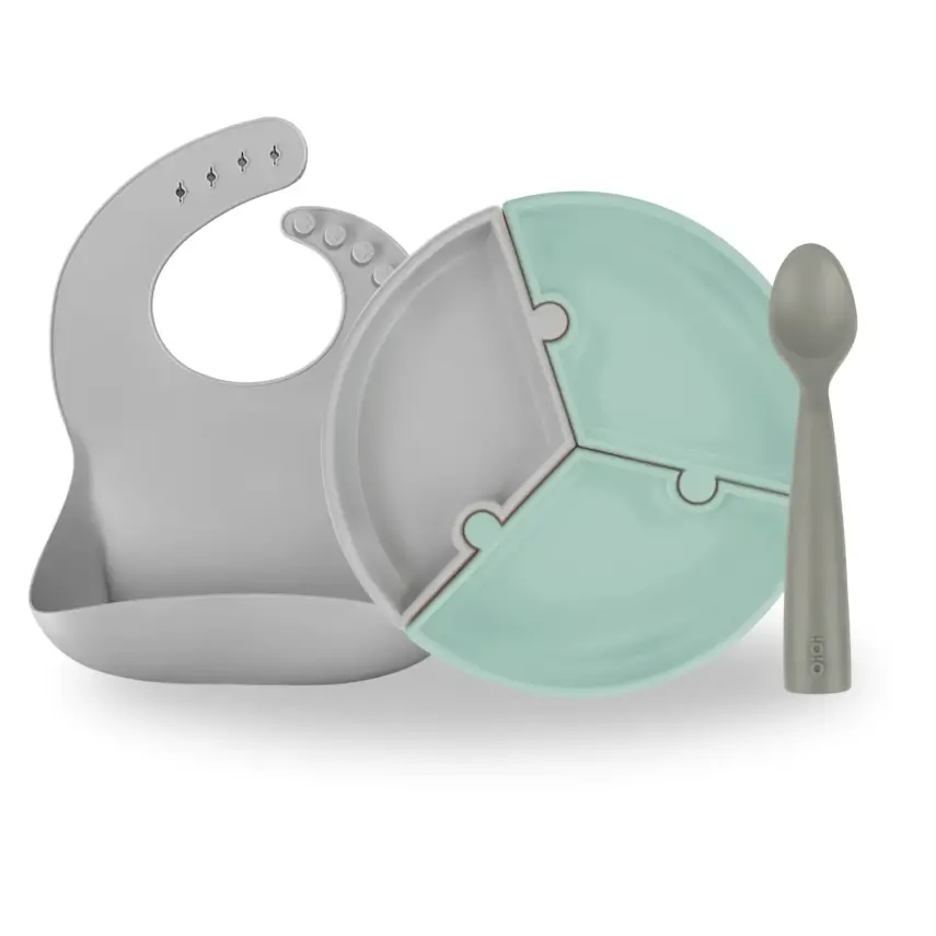 OiOi Yemek Seti Tabak Kaşık Önlük Powder Grey - 1
