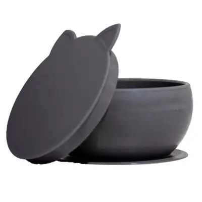 Pandish Kitten Vakum Tabanlı Kapaklı Silikon Kase Gri