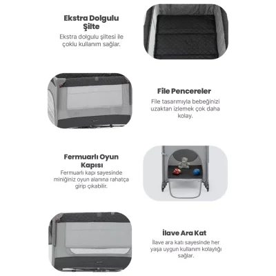 Pierre Cardin Luna Anne Yanı Oyun Parkı 60x100 cm Gri -Sünger Yatak Hediyeli - 3