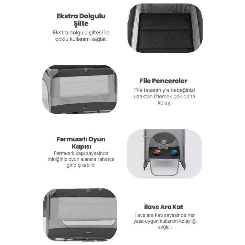 Pierre Cardin Luna Anne Yanı Oyun Parkı 60x100 cm Gri -Sünger Yatak Hediyeli - 3