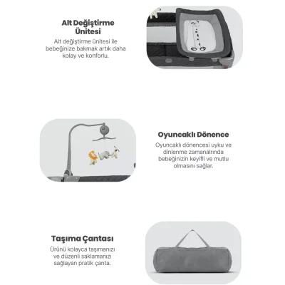 Pierre Cardin Luna Anne Yanı Oyun Parkı 60x100 cm Gri -Sünger Yatak Hediyeli - 4