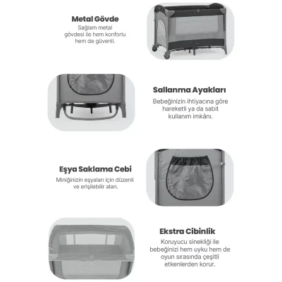 Pierre Cardin Luna Anne Yanı Oyun Parkı 60x100 cm Gri -Sünger Yatak Hediyeli - 5