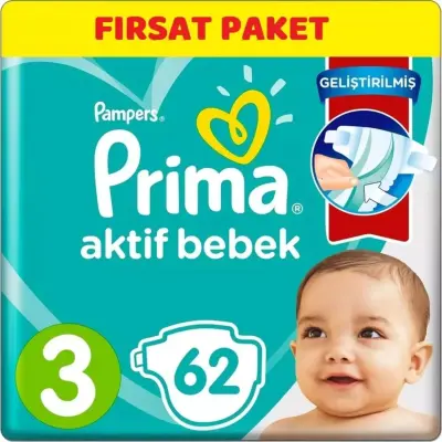Prima Aktif Bebek Bezi 3 Beden Midi 6-10 kg 62li Fırsat Paketi 