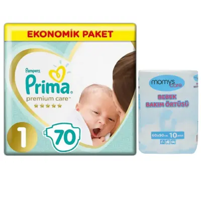 Prima Premium Care 1 Beden 70li Yenidoğan Bebek Bezi ve Momys Care Bebek Bakım Örtüsü 10lu 