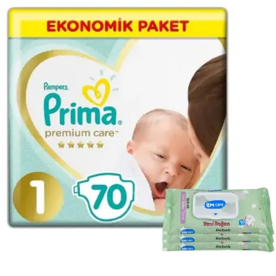 Prima Premium Care Bebek Bezi 1 Beden Yenidoğan 70Li Ekonomik Yenidoğan Islak Mendilli Avantaj Paket
