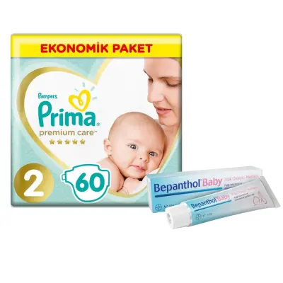 Prima Premium Care Bebek Bezi 2 Beden Mini 4-8 kg 60lı Eko+Bepanthol Baby Pişik Merhemi 100 gr