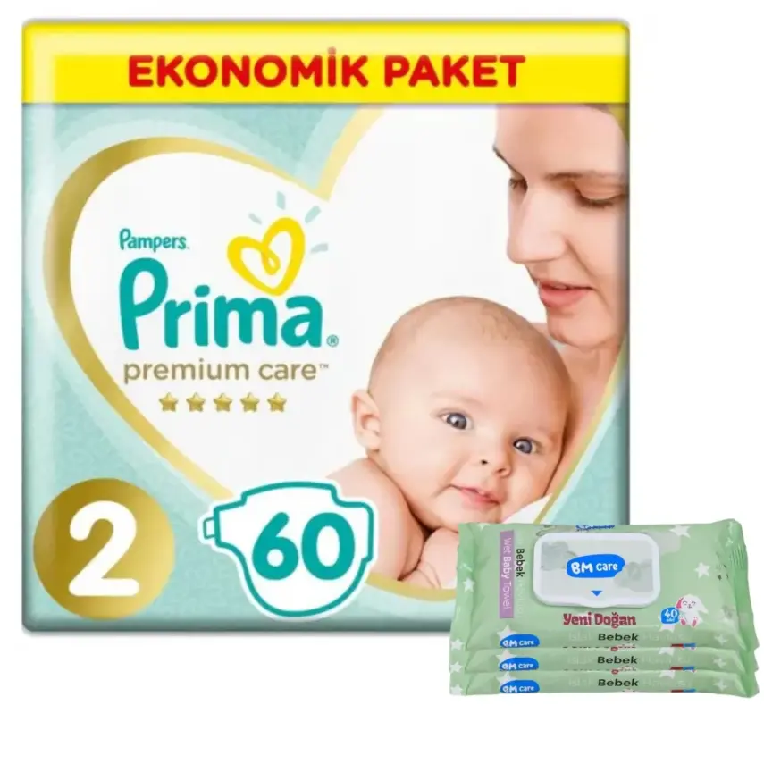 Prima Premium Care Bebek Bezi 2 Beden Mini 4-8 Kg 60Lı Ekonomik  Bm Care Yenidoğan Islak Mendilli  - 1