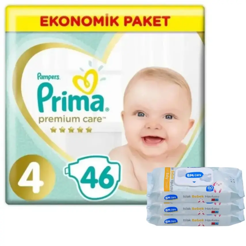 Prima Premium Care Bebek Bezi 4 Beden Maxi 9-14 Kg 46Li Ekonomik Bm Care Sensitive Islak Mendilli Av - 1