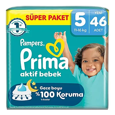 Prima Aktif Bebek Bezi 5 Numara 46 Adet Süper Paket