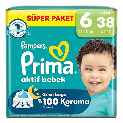 Prima Aktif Bebek Bezi 6 Numara 38 Adet Süper Paket