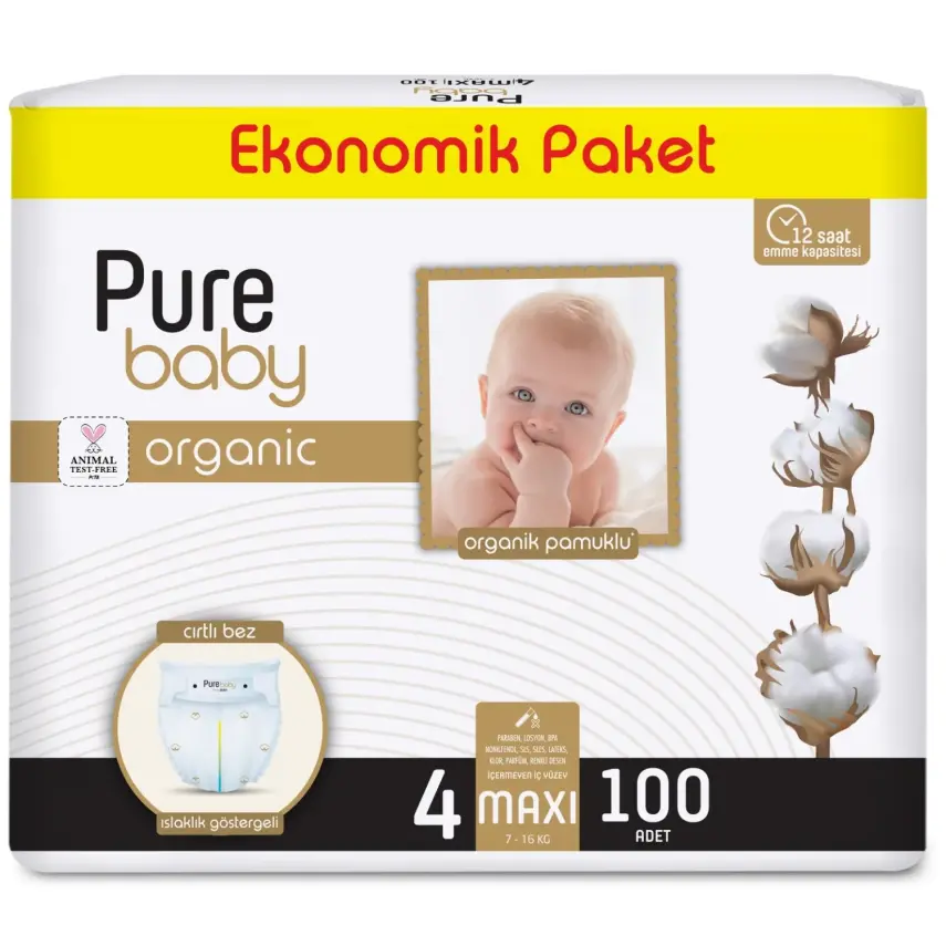 Pure Baby Organik Bebek Bezi 4 Beden Maxi 100lü - 1