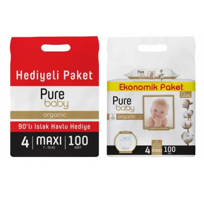 Pure Baby Organik Bebek Bezi 4 Beden Maxi 100lü Islak Mendil Hediyeli (1)