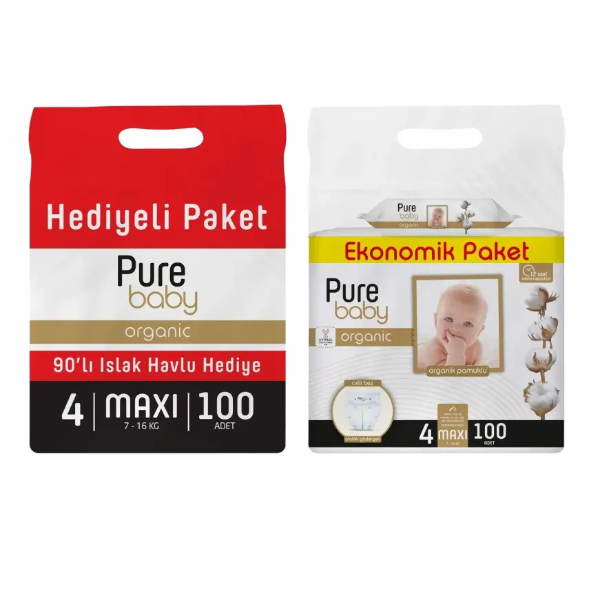 Pure Baby Organik Bebek Bezi 4 Beden Maxi 100lü Islak Mendil Hediyeli - 2