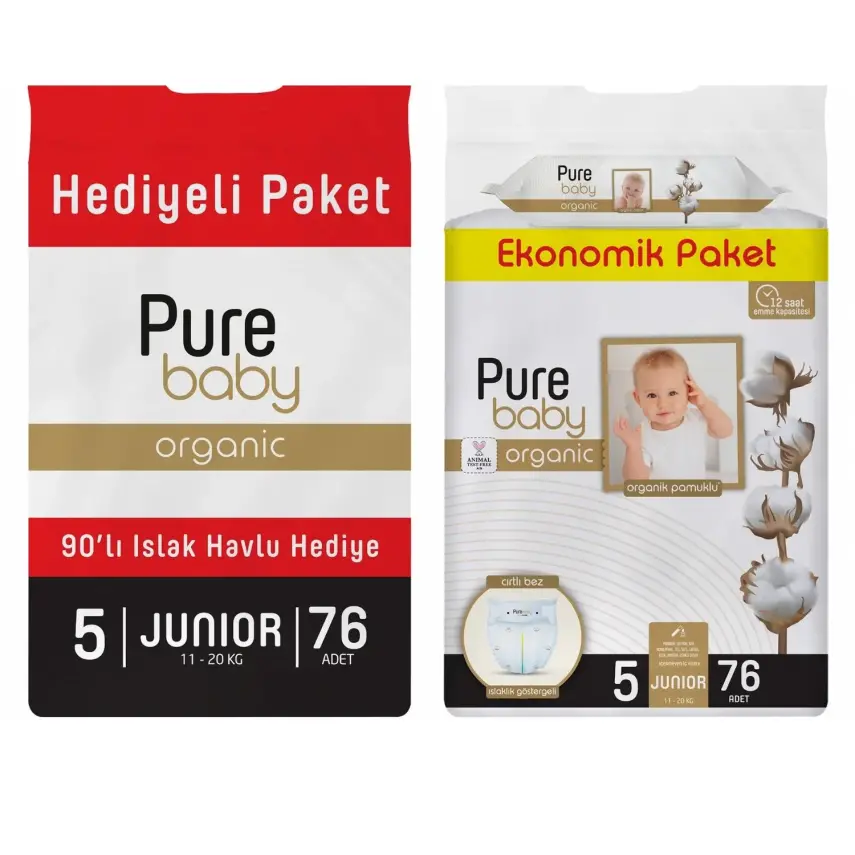 Pure Baby Organik Bebek Bezi 5 Beden Junior 76lı Islak Mendil Hediyeli - 2