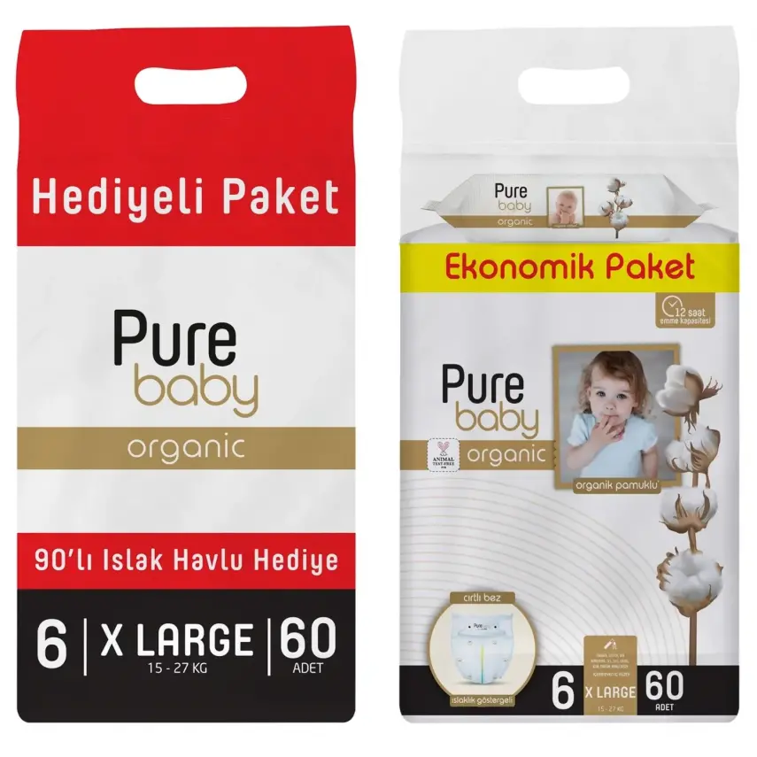 Pure Baby Organik Bebek Bezi 6 Beden XL 60lı Islak Mendil Hediyeli - 1