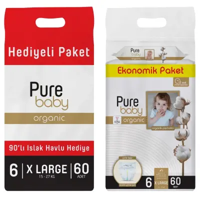 Pure Baby Organik Bebek Bezi 6 Beden XL 60lı Islak Mendil Hediyeli - 3