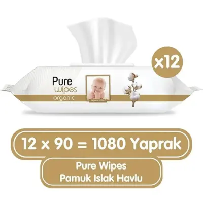 Pure Baby Organik Pamuklu Bebek Islak Havlu 90lı x12 (1)