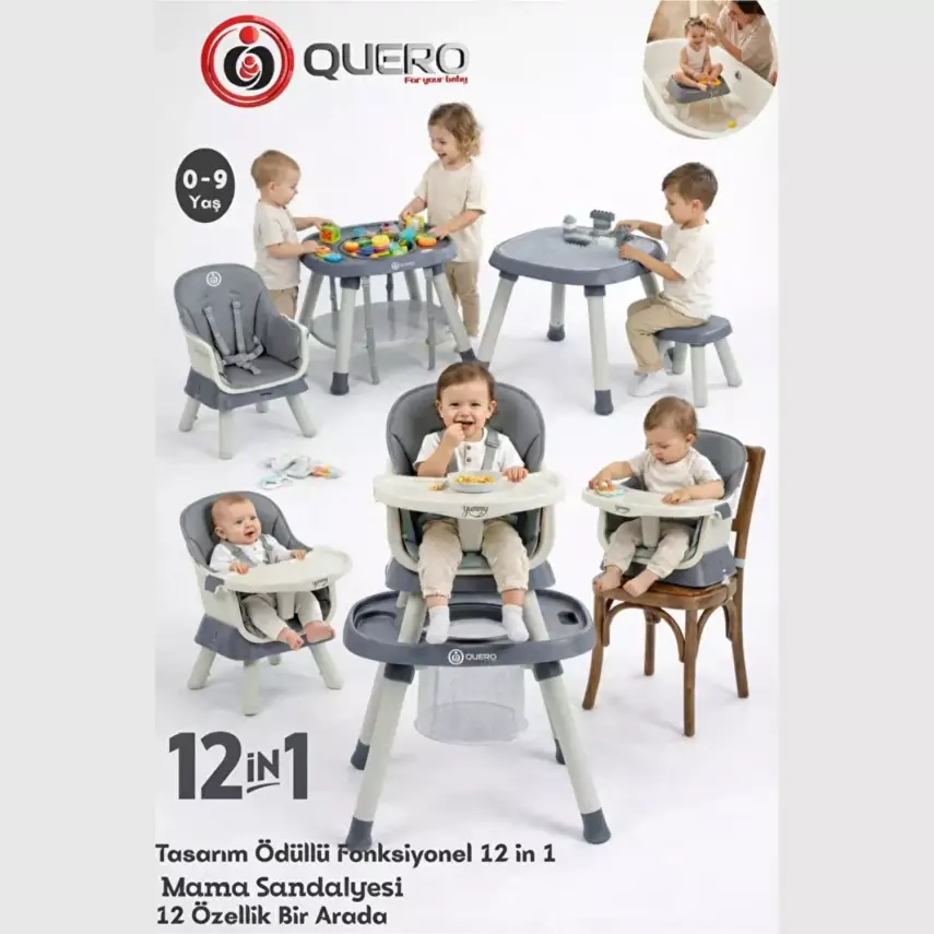 Quero Yummy 12in1 Mama Sandalyesi 12 Özellikli Çalışma ve Oyun Masalı Çok Fonksiyonlu Portatif Mama Sandalyesi Antrasit - 3