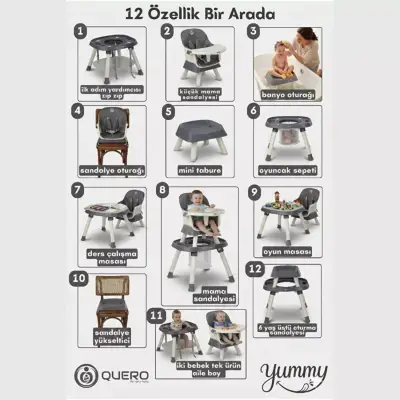 Quero Yummy 12in1 Mama Sandalyesi 12 Özellikli Çalışma ve Oyun Masalı Çok Fonksiyonlu Portatif Mama Sandalyesi Bej - 4