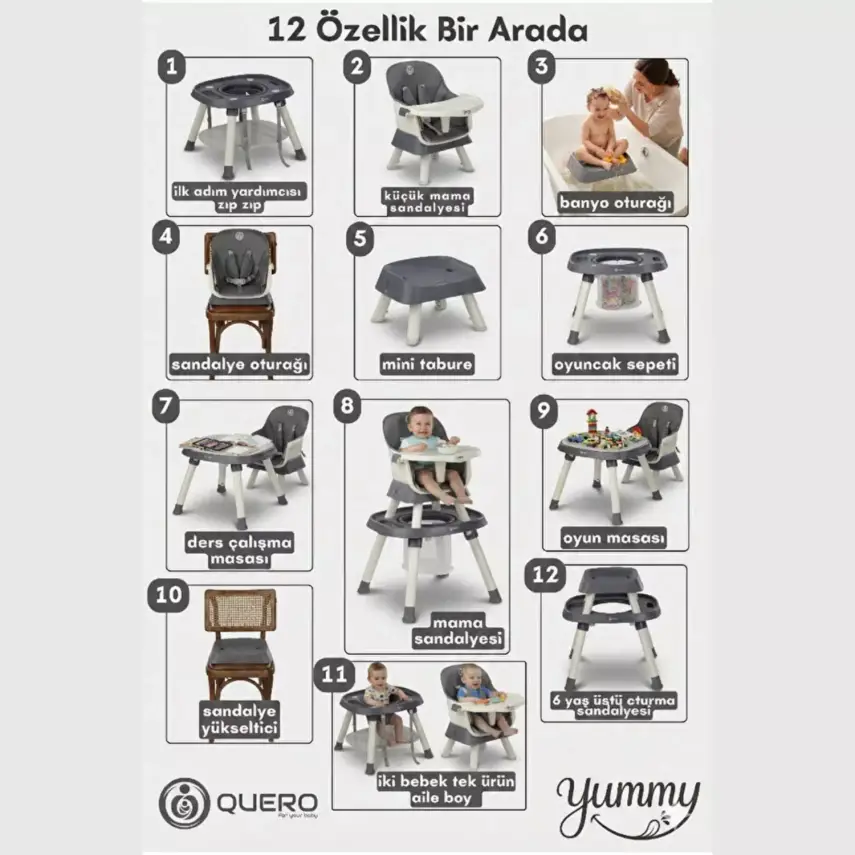 Quero Yummy 12in1 Mama Sandalyesi 12 Özellikli Çalışma ve Oyun Masalı Çok Fonksiyonlu Portatif Mama Sandalyesi Bej - 4