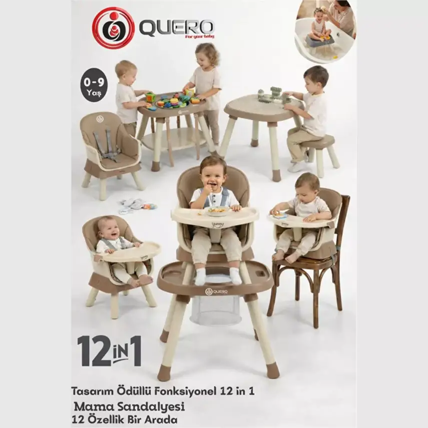 Quero Yummy 12in1 Mama Sandalyesi 12 Özellikli Çalışma ve Oyun Masalı Çok Fonksiyonlu Portatif Mama Sandalyesi Bej - 2